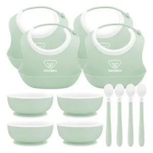 베이비뵨 베이비 유아용 이유식 3종 파우더그린 피딩세트X4개 / 턱받이 빕 (스몰), 스푼, 볼 그릇