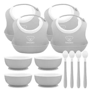 베이비뵨 베이비 유아용 이유식 3종 그레이 피딩세트X4개 / 턱받이 빕 (스몰), 스푼, 볼 그릇