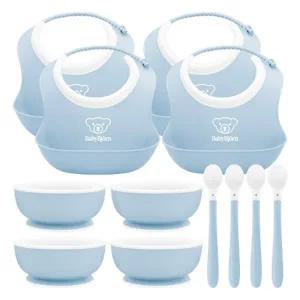 베이비뵨 베이비 유아용 이유식 3종 파우더블루 피딩세트X4개 / 턱받이 빕 (스몰), 스푼, 볼 그릇