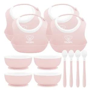 베이비뵨 베이비 유아용 이유식 3종 파우더핑크 피딩세트X4개 / 턱받이 빕 (스몰), 스푼, 볼 그릇