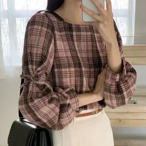 클링 기모 체크 리본 면블라우스_W4333