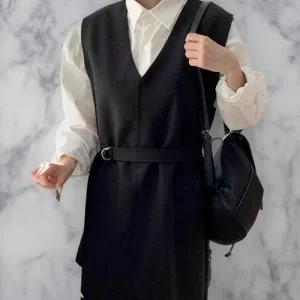 [다잇템] 여성 슬리브리스 스웨터 조절 헤링본 버클 미니멀리즘 혁대 롱 드레스