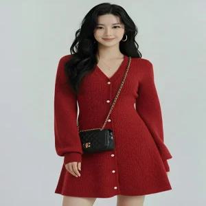 [플로우랩][플로우랩] 진주 버튼 메탈 플레어 니트 원피스_FLOP001W25