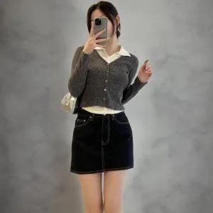 [신세계라이브쇼핑][옷자락] 여성 레이어드 컬러배색 카라넥 골지 긴팔 버튼 크롭 티셔츠