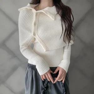 [다잇템] 여성 롱슬리브 코디 단추 잔골지 슬림핏 니트