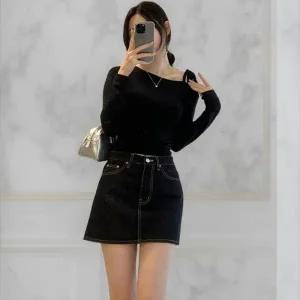 [다잇템] 여성 검정 논페이드 데님스커트 에이라인 자수 미니스커트