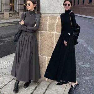 [하프클럽/]하이웨스트 목티원피스 긴팔 반목 하프넥 롱원피스 겨울