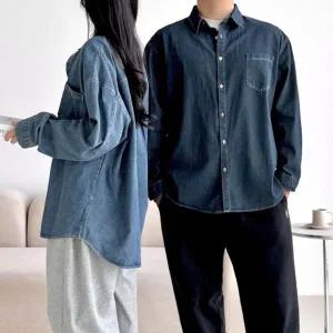 [하프클럽/]남녀공용 오버핏 캐주얼 루즈핏 데님 셔츠 청 남방
