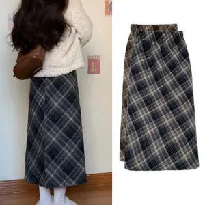 [하프클럽/]여성 가을 겨울 체크 밴딩 롱 스커트
