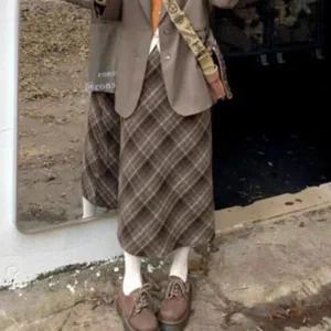 [하프클럽/]여성 가을 겨울 허리 밴딩 체크 빈티지 롱 치마 스커트