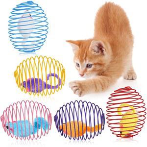 Jecery 5개 고양이 스프링 볼 신축성 스프링 장난감 롤링 볼 컬러풀한 장난스러운 코일 인터랙티브 스프링 액션 장난감 고양이 애완용품 실내용 케이지 쥐 (마우스, 멀티컬러)