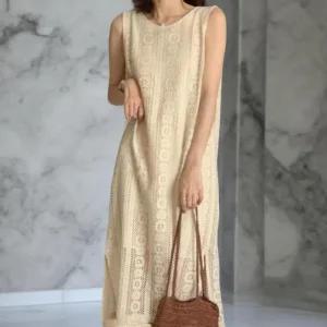 여성 펀칭 자수 레이어드 슬릿 민소매 드레스