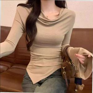 여성 긴팔티 언발 보트넥 NF-6 셔링 오프숄더 슬림핏 슬림 티셔츠 겸용