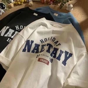 여자 스타일 맨투맨 티셔츠 오버핏 반팔 홀리데이 스트라이프 레터링 스트라이프티 린