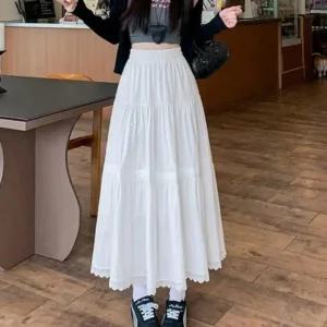 여성 롱스커트 화이트 포인트 플레어 러블리 레이스