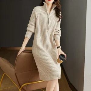 여성 겨울 데일리 루즈핏 긴팔 은창]스탠 치마 니트 골지 롱원피스 보 카라 원피스 니