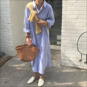 여성 스트라이프 셔츠 루즈핏 임산부 빅사이즈 롱 원피스