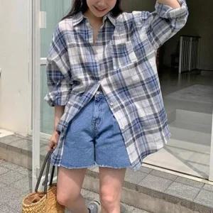 여성 데일리 기본 루즈핏 여름 체크셔츠 남방 셔츠 캐주얼