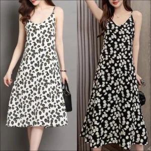 여자 바닷가 끈나시 민소매 원피스 휴양지 꽃무늬 미디 패션