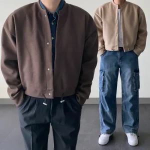 트위드 헨리넥 노카라 똑딱이 정장 크롭 단추 오버핏 겨울 스트링 미니멀 가디건 4color