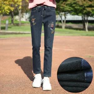 동대문스타일 여자 겨울바지 캐릭터자수 밴딩 스판 일자 본딩청바지 HK381(기모)