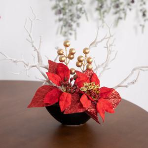 크리스마스 장식 포인세티아 조화 센터피스 시크릿골드 수반 set 32cm 테이블 탁상용 데코 겨울 꽃 소품