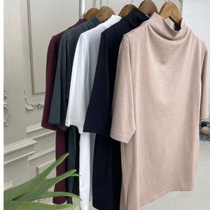 여자 면모달 반목폴라 티셔츠 여성5부소매 스판 텐셀 5부티 신축성좋은 목편한 기본 베이직