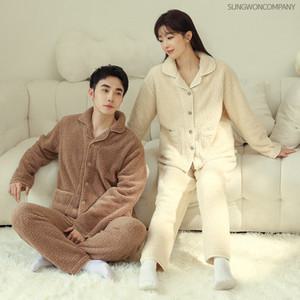 이너퀸 프리수 겨울 남성 여성 커플 공용 양털 극세사 밍크 수면 카라  셔츠형 상하 세트 양털카라수면세트