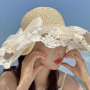 리본 레이스 모자 바캉스 해변  챙넓은 여름 밀짚모자