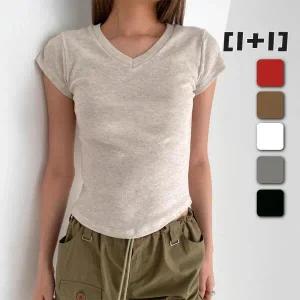 /옷자락 [2개] 여자 캡소매 v넥 슬림 쫄티 무지면 선홍 반팔티