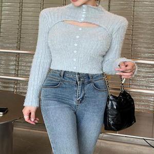 5컬러 슬림핏 앙고라 중앙 앞트임 반폴라 크롭 니트 티셔츠