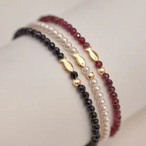 14K 금볼 물고기 행운팔찌 577[3종택1] 사이즈18.5cm) 가넷 스피넬 비즈 진주