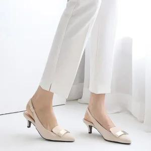 ONM 국내제작 뾰족코 골드장식 스트랩 슬링백 미들힐