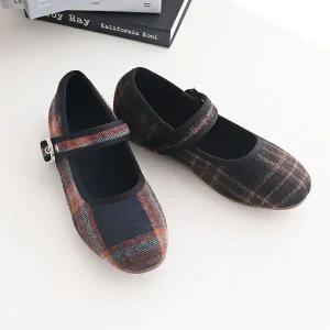 [롯데백화점]원더슈즈 체크패브릭 컴포트 쿠션 미끄럼방지 벨트 플랫 메리제인 1CM BD-SZ5122