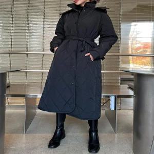 1컬러 하이넥 후드 퀄팅 벨트 롱 패딩코트