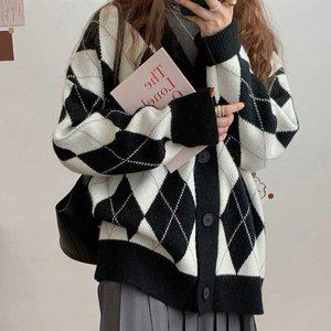 아가일패턴 배색 가디건 루즈핏 봄가을 데이트 대학생 (WFFO8Z9)