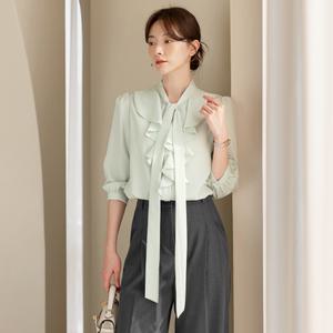 [시크라인] (~XXL까지) 로레블 러플 타이 블라우스 봄 가을 오피스룩 하객룩 데이트룩 모임룩 미시룩 빅사이즈