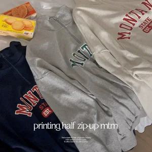 핫핑 [하이넥or카라넥] 몬티 프린팅 반집업 오버핏 긴팔맨투맨