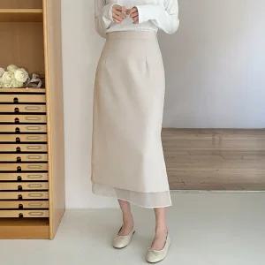 (발레무드/자동보정핏) 로에르 시스루 배색 레이어드 슬릿 롱 스커트 sk7239