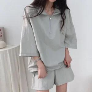 아노락 여성 여름 트레이닝복 반집업 반팔 바지 세트 (WFHUNJK)