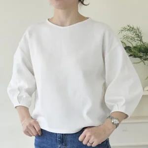 [하프클럽/]벌룬소매 티 블라우스 흰색 라운드 루즈핏 봄 가을 니트 면 코튼