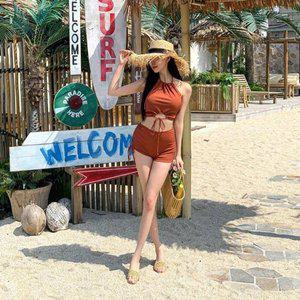[옷자락]여자 홀터넥 셔링 골지 하이웨스트 투피스 수영복