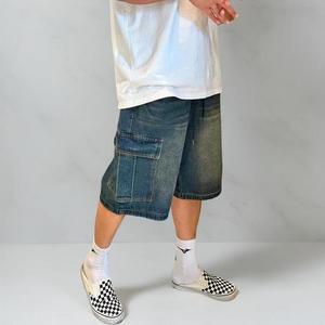 남성 청반바지 카고 버뮤다 와이드핏 캣워싱