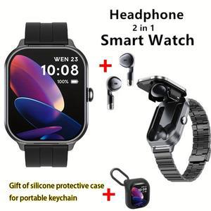 남성용 스마트 워치 HD 대형 스크린 방수 블루투스 이어폰, 심박수 혈중 산소, TWS 2 in 1, 전화 통화 2024