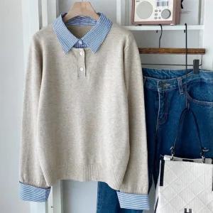 여성 긴팔 오픈카라 레이어드 니트줄지
