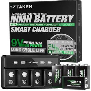 [미국배송] 충전기가 장착된 충전식 9V 배터리 24% 재활용 함량으로 제작된 대용량 4팩 1800MWH 9볼트 NIMH 10년 유통기한 - 연기 경보/CO 감지기 전자기기 등에 사용 가능