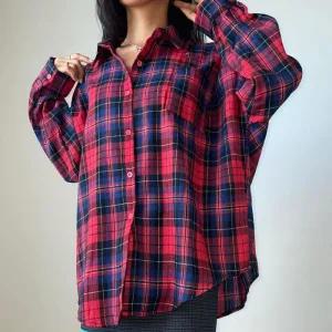 여자 타탄체크 가을오버핏 빨간색 주머니 셔츠_3