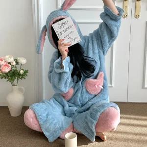 레빗 로브 바지 세트 극세사 코스튬 수면잠옷 긴팔 원피스 가운 여성 기모 파자마 겨울 파티