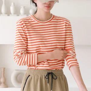 여성 줄무늬 티셔츠 양면기모 스트라이프 단가라 라운드넥 스판 가을 겨울 긴팔티