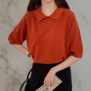 여성 일상용 절개 디자인 카라넥 반팔 울 니트 5부